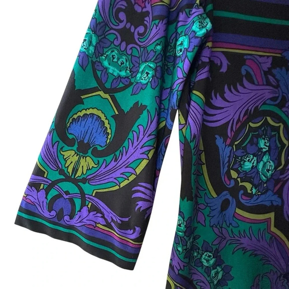 DONNA MORGAN NWOT 3/4 SLEEVE GEOMETRIC PRINT DRESS BLACK AQUA PURPLE | SIZE: 6 - Picture 5 of 8